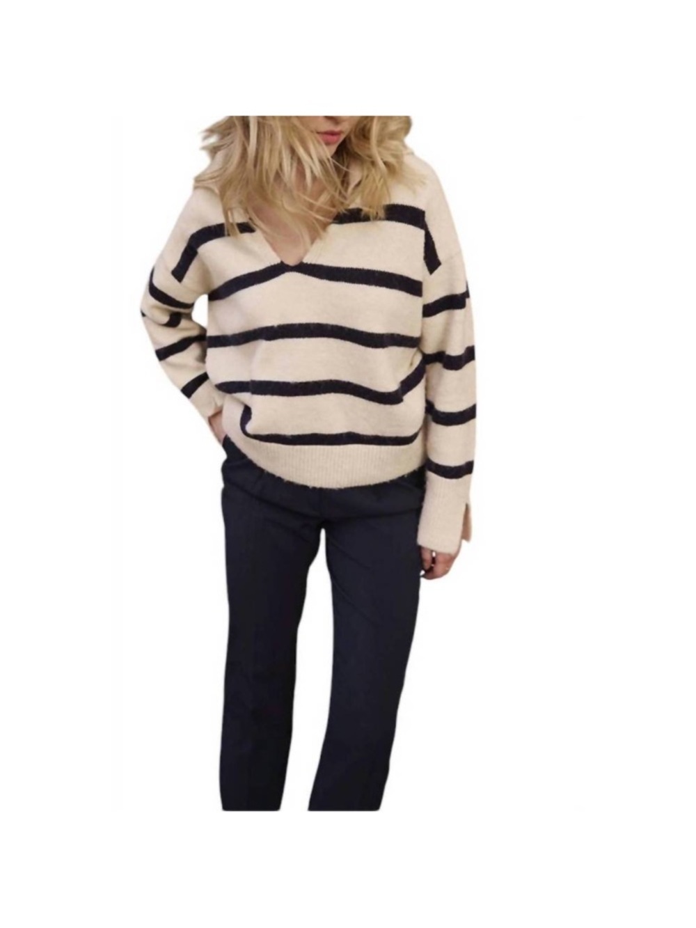 MOLLY BRACKEN | Cream and Navy Striped Collared V-Neck Sweater